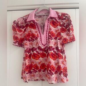 ENTRO Floral Puff Sleeve Blouse / Pink and Red/ Size M